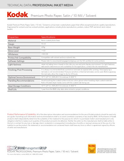 Kodak Premium Photo Paper Satin 10 Mil Solvent Technical Data Sheet - cover page