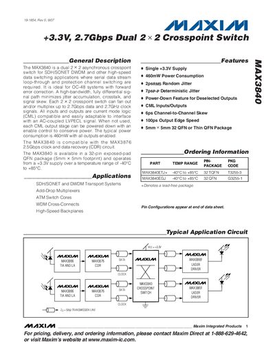Maxim MAX3840 3.3V 2.7Gbps Dual 2x2 Crosspoint Switch Datasheet - cover page