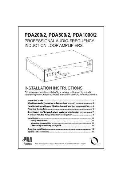 PDA Pro-Range Induction Loop Amplifier Installation Instructions - cover page