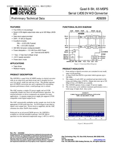 Analog Devices AD9289 Quad 8‑Bit 65 MSPS Serial LVDS 3 V A/D Converter Datasheet - cover page