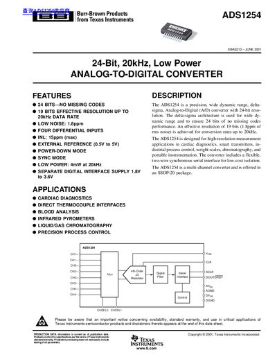 Texas Instruments ADS1254 24-Bit Analog-to-Digital Converter Datasheet - cover page