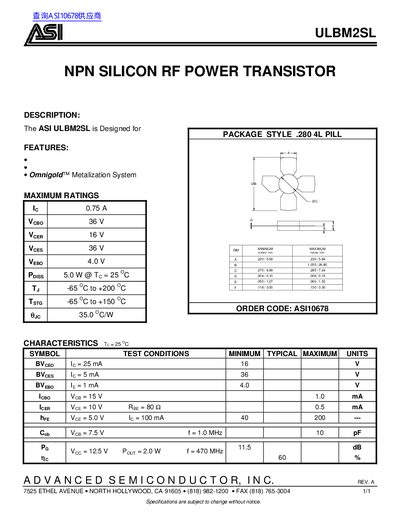 ASI ULBM2SL NPN Silicon RF Power Transistor Datasheet - cover page