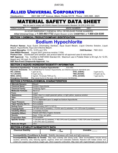 Allied Universal Corporation Sodium Hypochlorite Product Data Sheet