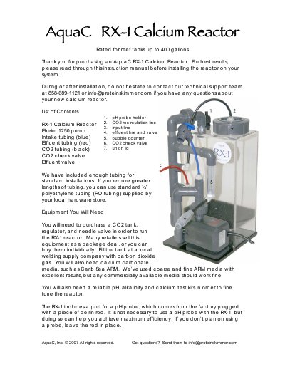 AquaC RX-1 Calcium Reactor User Manual - cover page