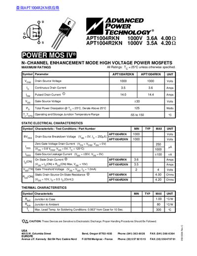 APT APT1004RKN/1004R2KN Power MOSFET Data Sheet - cover page