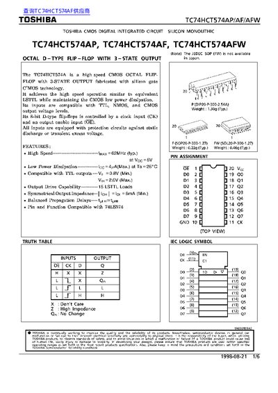 TOSHIBA TC74HCT574AP TC74HCT574AF TC74HCT574AFW DATA SHEET - cover page