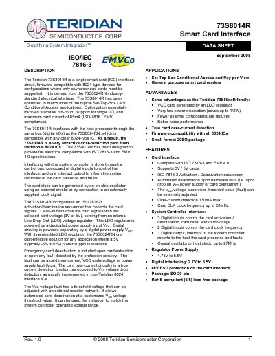 Teridian 73S8014R Smart Card Interface Datasheet - cover page