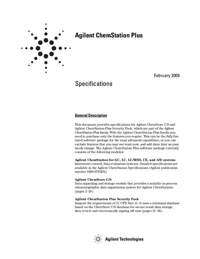 Agilent ChemStore C/S Product Specifications Manual - cover page