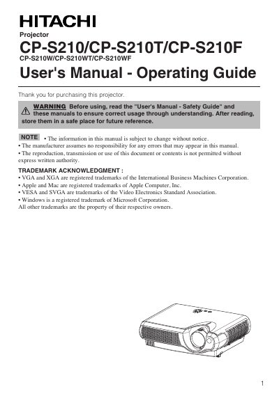 HTACHI CP-S210/CP-S210T/CP-S210F User's Manual - cover page