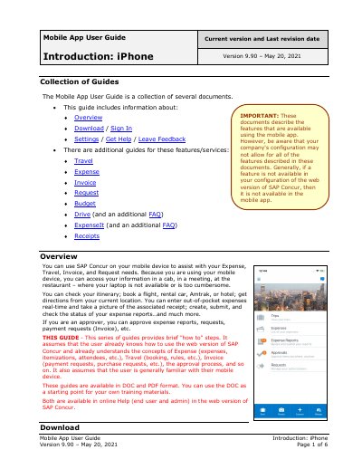 SAP Concur Mobile App User Guide iPhone Version 9.90 - cover page