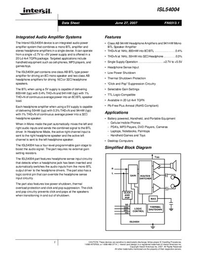 Intersil ISL54004 Integrated Audio Amplifier Datasheet - cover page