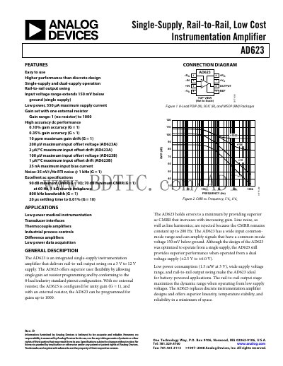 Analog Devices AD623 Instrumentation Amplifier Datasheet - cover page