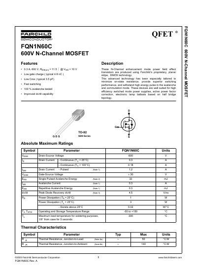 Fairchild FQN1N60C 600V N-Channel MOSFET Datasheet - cover page