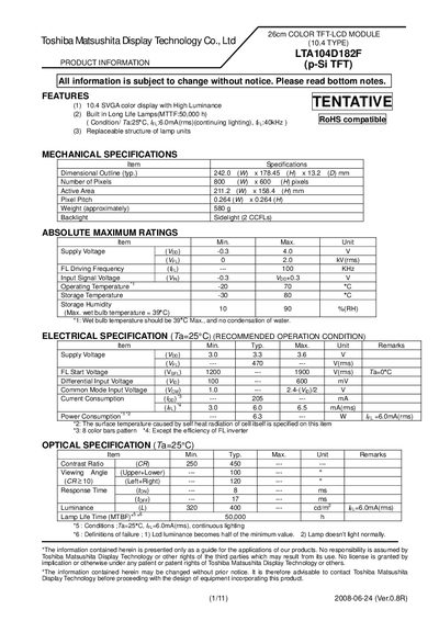 TOSHIBA - (1/11) 2008-06-24 (Ver.0.8R) PRODUCT INFORMATION handbook - cover page