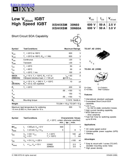 IXYS IXSH/IXSM 30N60 IGBT Datasheet - cover page