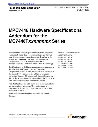 Freescale MPC7448 Hardware Specifications Addendum for MC7448Txxnnnnmx Series - cover page