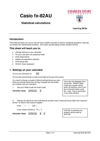 Casio fx-82AU Statistical Calculations User Manual - cover page