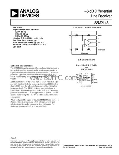 Analog Devices SSM2143 Differential Line Receiver Datasheet - cover page