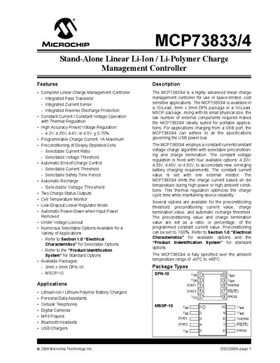 Microchip MCP73833/4 Linear Li‑Ion/Li‑Polymer Charge Management Controller Datasheet - cover page