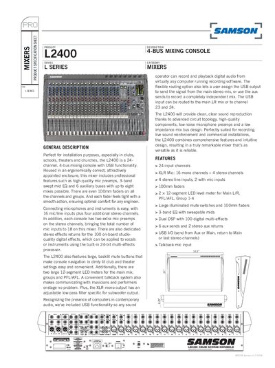 Samson L2400 Mixing Console Product Description Sheet - cover page