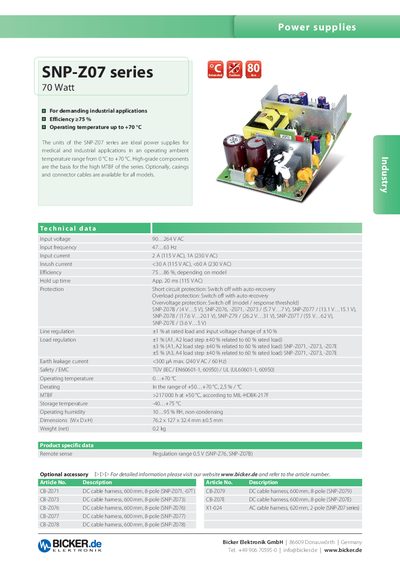 Bicker SNP-Z07 70W Power Supply Manual - cover page