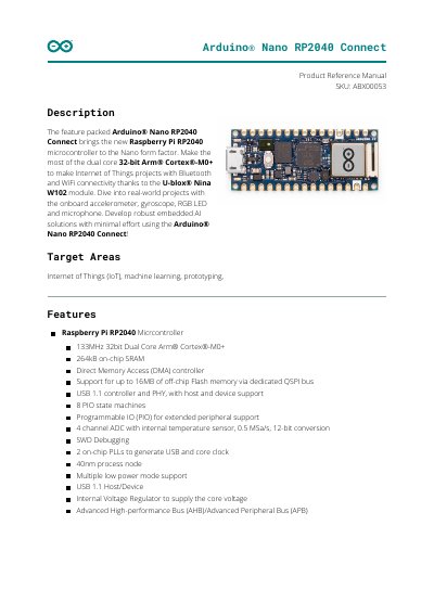 Arduino Nano RP2040 Connect Product Reference Manual - cover page
