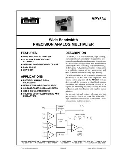 Burr‑Brown MPY634 Analog Multiplier Datasheet