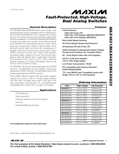 Maxim Integrated MAX4631/MAX4632/MAX4633 Fault‑Protected High‑Voltage Dual Analog Switches Datasheet - cover page