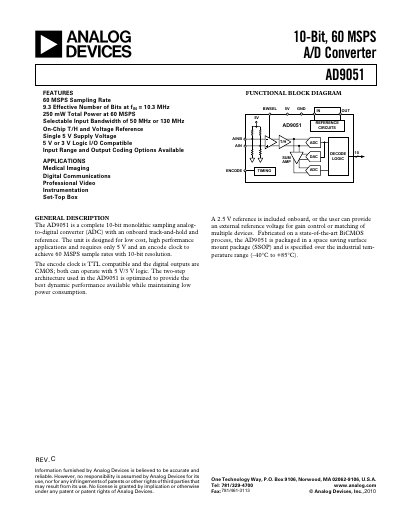 Analog Devices AD9051 10‑Bit 60 MSPS A/D Converter Datasheet - cover page