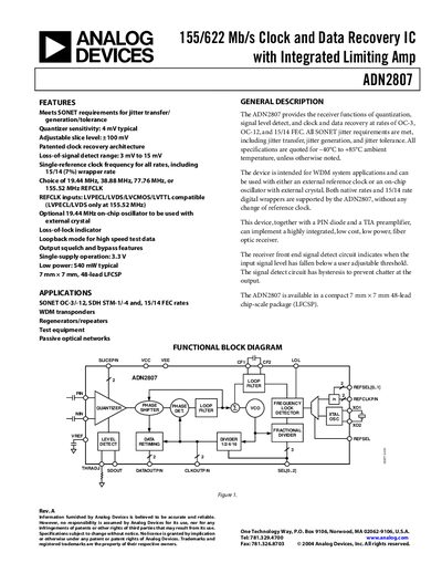 Analog Devices ADN2807 Clock and Data Recovery IC Datasheet - cover page