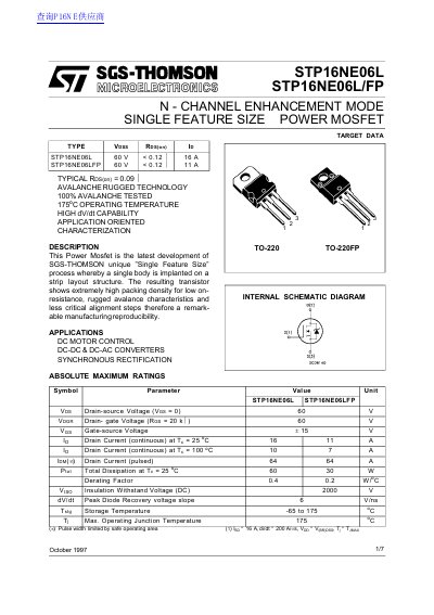 STMicroelectronics STP16NE06L/FP N-Channel MOSFET Datasheet