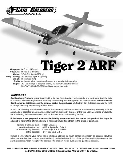 Carl Goldberg Tiger 2 ARF Assembly and Operation Manual - cover page