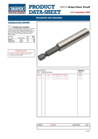 Draper Magnetic Bit Holders Product Sheet - cover page