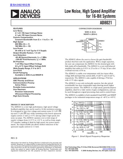 ANALOG DEVICES AD8021 Low Noise High Speed Amplifier for 16-Bit Systems handbook
