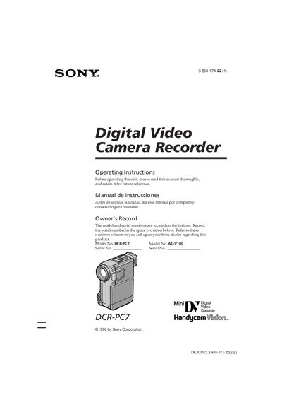 Sony DCR-PC7 Camcorder User Manual - cover page