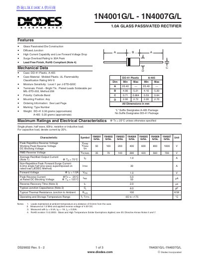 Diodes Incorporated 1N4001G/L - 1N4007G/L Datasheet - cover page