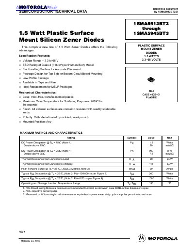 Motorola 1SMA5913BT3 through 1SMA5945BT3 Plastic Surface Mount Zener Diodes Datasheet - cover page