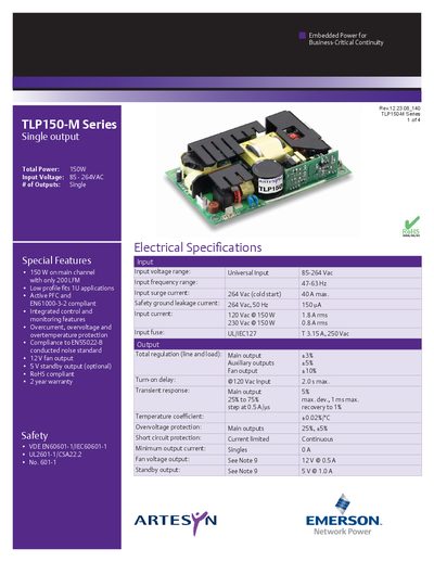 Artesyn TLP150-M Series Single Output Datasheet - cover page