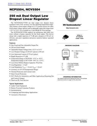 ON NCP5504 NCV5504 250 mA Dual Output Low Dropout Linear Regulator handbook - cover page