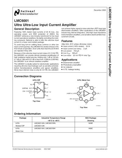 National Semiconductor LMC6001 Ultra Ultra-Low Input Current Amplifier Handbook - cover page
