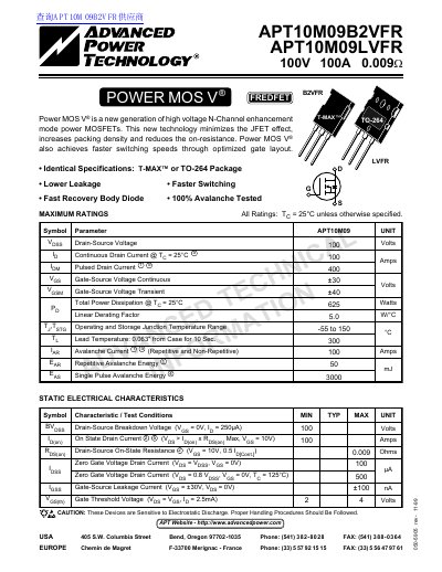 ADVANCED POWER TECHNOLOGY APT10M09B2VFR APT10M09LVFR 100V 100A 0.009 handbook - cover page