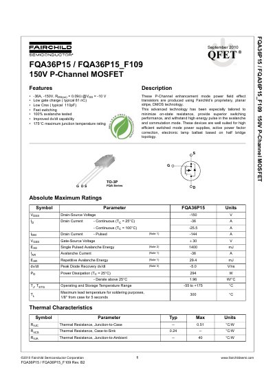 Fairchild Semiconductor FQA36P15 150V P-Channel MOSFET Datasheet - cover page