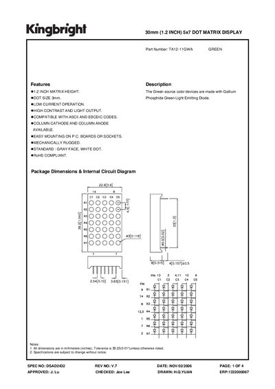 Kingbright TA12-11GWA 30mm 5x7 Dot Matrix Display Datasheet - cover page