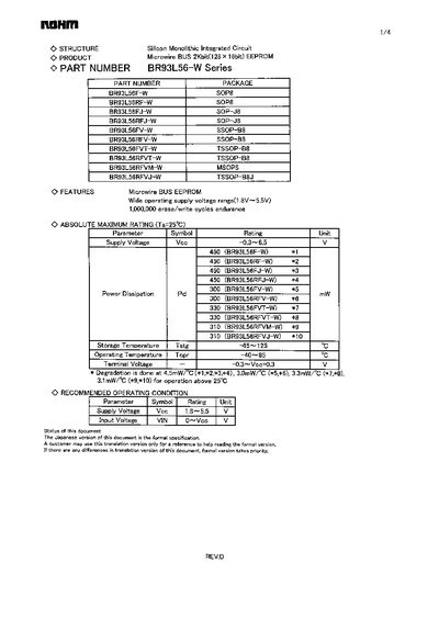 ROHM BR93L56-W Series Microwire BUS EEPROM Datasheet - cover page
