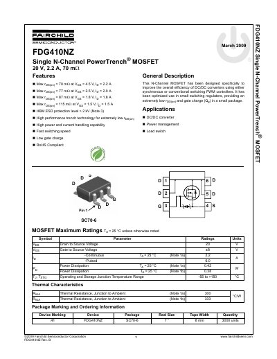 Fairchild FDG410NZ Single N-Channel PowerTrench MOSFET Datasheet - cover page