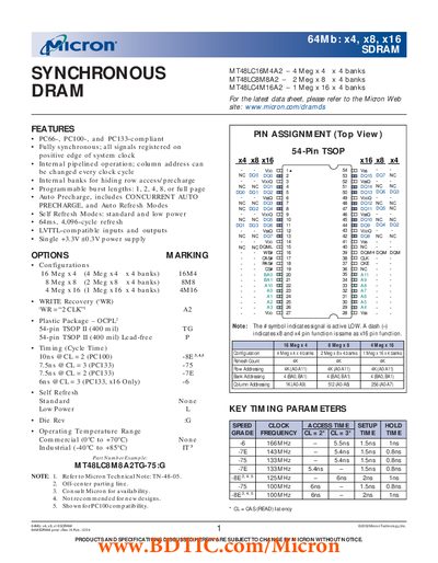 MICRON MT48LC2M32B2P-55 SYNCHRONOUS DRAM - cover page