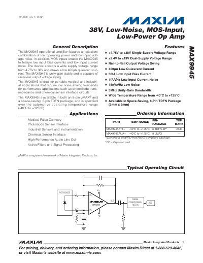Maxim MAX9945 Low‑Noise MOS‑Input Low‑Power Op Amp Datasheet - cover page