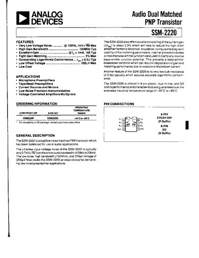Analog Devices SSM-2220 Datasheet - cover page