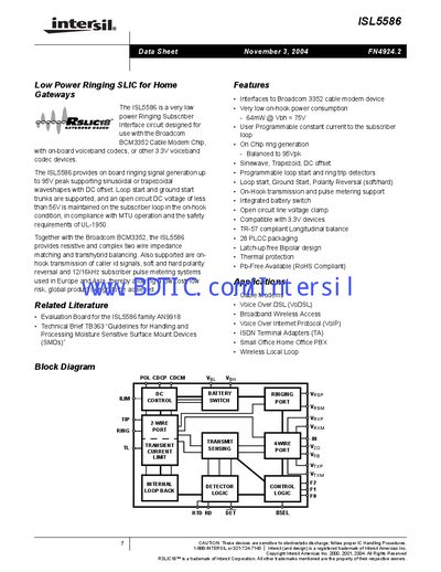 Intersil ISL5586 Low Power Ringing SLIC Datasheet - cover page