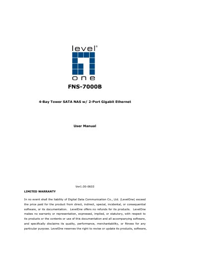 FNS-7000B 4-Bay Tower SATA NAS w/ 2-Port Gigabit Ethernet User Manual - cover page